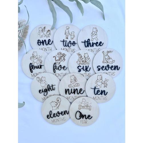 Winnie the Pooh Baby Milestone Discs - Laser and Handmade Monthly Growth Markers