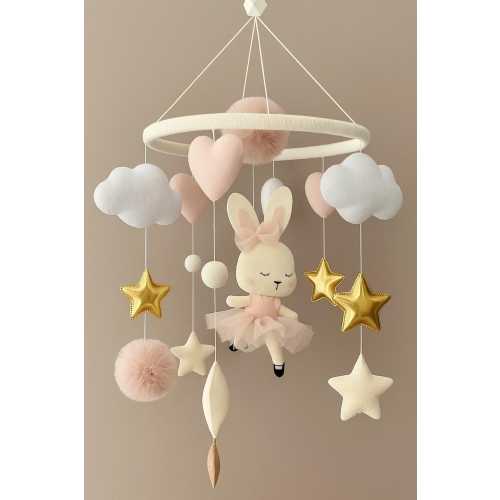 Handmade Woodland Bunny Crib Mobile: Felt Ballerina, Stars