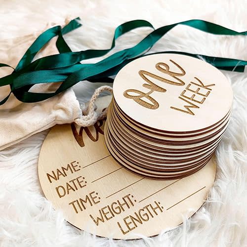 Wooden Milestone Cards and Discs 16pc Set for Baby Photos and First Year Milestones - New Parents and Baby Showers with "Hello World" Sign and Monthly Cards from 1-12 Months.
