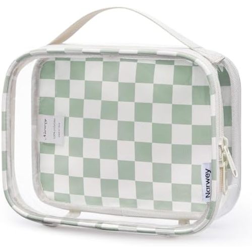 Narwey TSA Approved Clear Toiletry Bag for Travel, Waterproof PVC Clear Makeup Bags, Portable Compact Cosmetic Bag Make Up Organizer, Airport Airline Quart Size Compliant Bag (Mint Green Checkerboard)