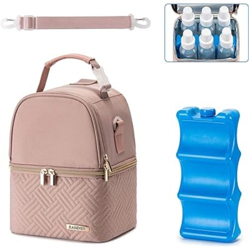 Breastmilk Cooler Bag with Ice Pack Fits 6 Baby Bottles up to 9 Ounce, Breast Milk Pump Cooler Bag with Shoulder Strap for Nursing Mom Daycare, Work, Travel- Pink