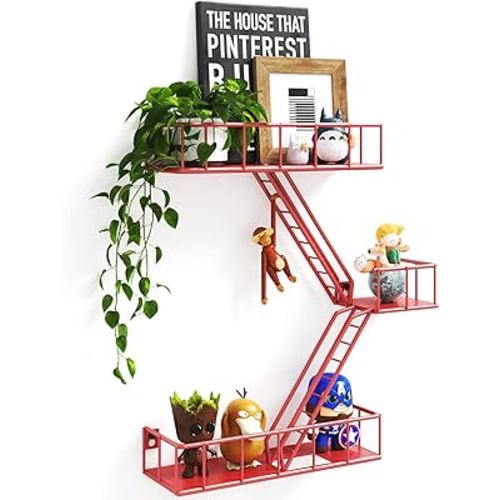Fire Escape Wall Shelf with Baskets, 3-Tier Metal Fire Escape Ladder Shelf Wall Organizer, New York Inspired Decorative Shelf, Red Floating Action Figurine Display Shelves for Bedroom, Home Décor.