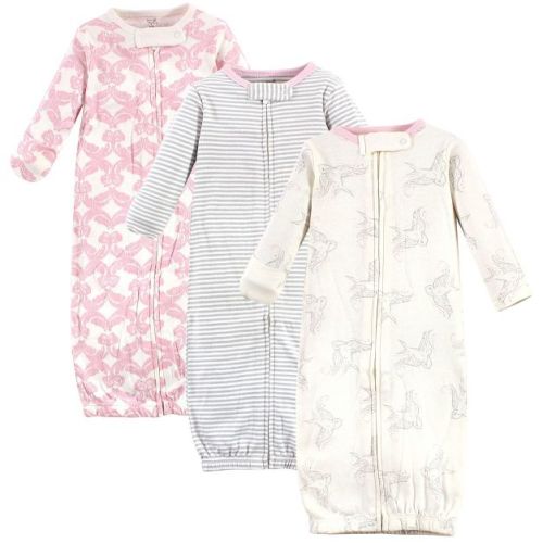 Touched by Nature Baby Girl Organic Cotton Zipper Long-Sleeve Gowns 3pk, Bird, 0-6 Months