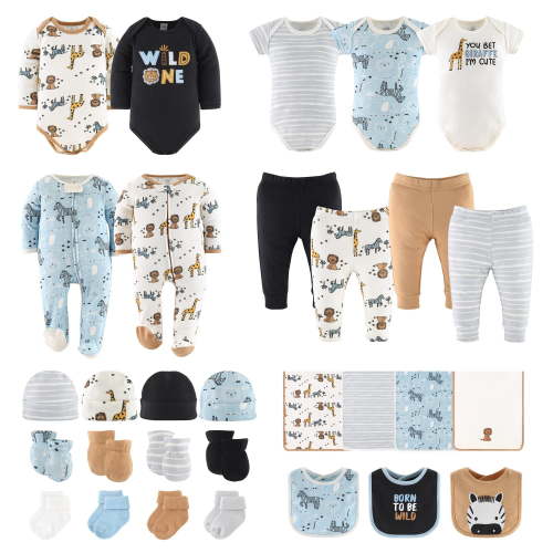 The Peanutshell Layette Gift Set for Baby Boys, Blue Safari Explorer, 30 Essential Pieces, 3-6 Months