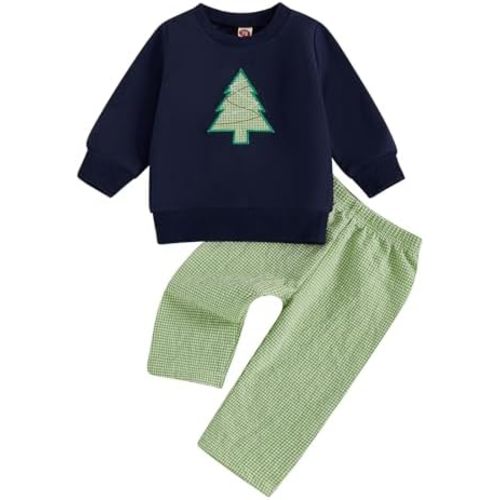 SAYOO Christmas Outfit Toddler Boys Girls Firetruck/Santa Embroidered Sweatshirt Pullover Plaid Gingham Pants Fall Clothes