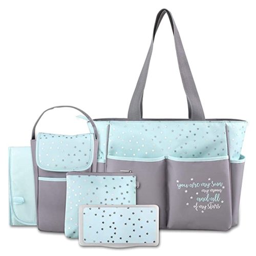Baby Essentials Diaper Bag Tote 5 Piece Set with Sun, Moon, and Stars, Wipes Pocket, Dirty Diaper Pouch, Changing Pad (Grey/Aqua)