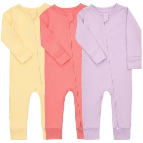 Aablexema Baby Cotton Fooltess Pajamas with Mitten, 3-pack Infant Romper Zip Up One Piece Jumpsuits Outfit