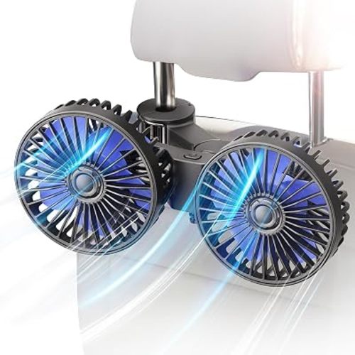Car Fan for Backseat, Dual Head USB Vehicle Seat Fans, 3 Speeds Strong Wind 360° Rotatable Auto Rear Headrest Fan for Car, Air Circulation Automotive Fans with Adjustable Clip for All Models