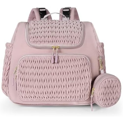Geestock Diaper Bag Backpack, Multifunction Quilted Baby Diaper Bag with Changing Pad, Pacifier Case & Stroller Straps, Parents Essentials, Pink