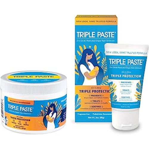 Triple Paste Diaper Rash Cream for Baby - 8 Oz Tub & 3 Oz Tube At Home & On the Go Bundle - Zinc Oxide Ointment Treats, Soothes and Prevents Diaper Rash