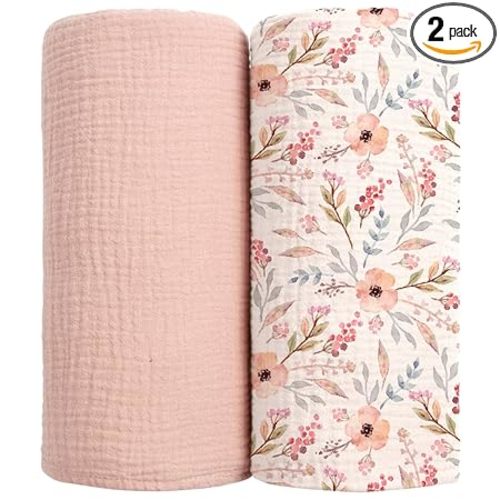 lulumoon Muslin Swaddle Blankets for Baby: Soft Cotton Newborn Receiving Blankets - Floral Print Nursery Gift Set for Baby Girls(Pink Flower)