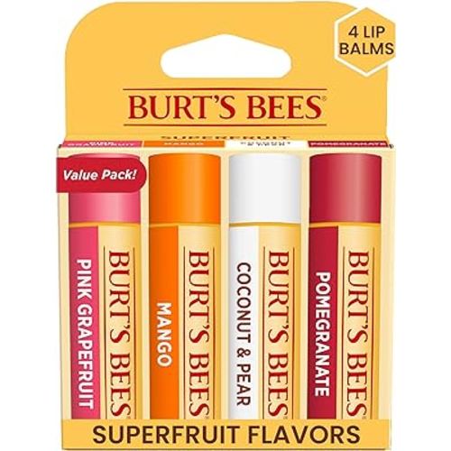 Burt's Bees Lip Balm - Pink Grapefruit, Mango, Coconut & Pear, and Pomegranate Pack, Lip Moisturizer With Beeswax, Tint-Free, Natural Origin Conditioning Treatment, 4 Tubes, 0.15 oz.
