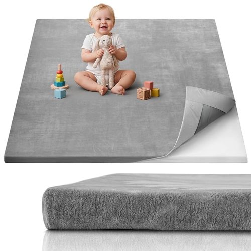 Blissful Diary 1.3" Thick Baby Play Mat, 50x50 Playpen Mat with Removable & Washable Cover, Ultra Soft Crawling Rug for Floor, Foam Cushion & Non-Slip Backing for Kids, Toddlers, Earth Tone Rainbow