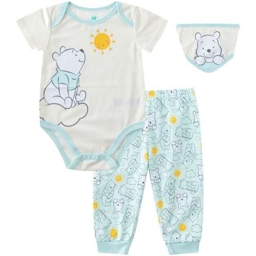 Disney Winnie the Pooh Baby Short Sleeve Bodysuit with Bib and Pants 3 Pack Set