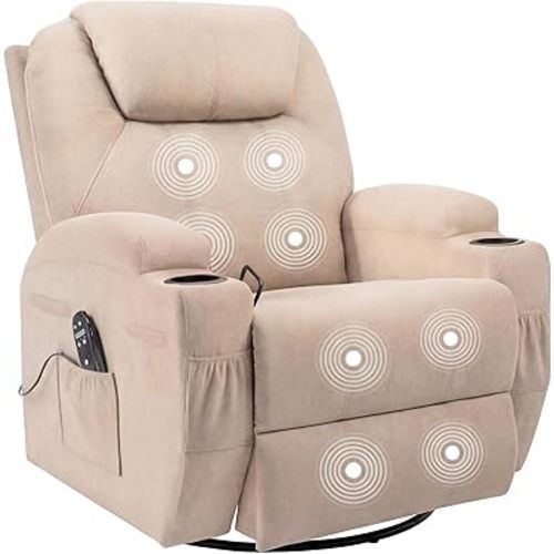JUMMICO Small Swivel Rocker Recliner, 360 Rocking Chair Recliner with Massage, Upholstered Fabric Rocker Recliner with Cup Holder for Living Room, Bedroom, Nursery (Beige)