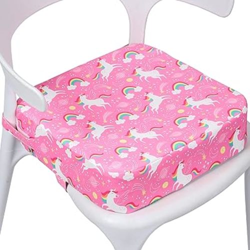 Toddler Booster Seat for Dining Table, Portable Kids Booster Seat with Safety Buckles, High Cushion for Travel with Non-Slip Bottom (Pink Unicorn)