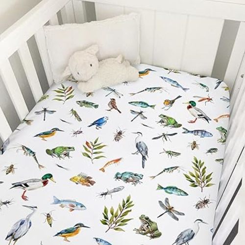 Wildlife Pond Baby Crib Sheets 52''x28'' Wild Animals Frogs Duck Fish Bird Weeds Snug Fitted Crib Mattress Cover for Boy Girl Fishing Hunting Soft Nursery Bed Sheet for Standard Crib Toddler Mattress
