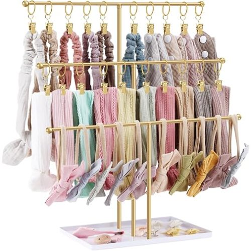 POVETIRE Headband Holder Stand Storage for Baby, 3 Tier Wooden Bow Organizer for Girls Hair Bows, Infant Hair Accessories Rack Display for Nursery Decor