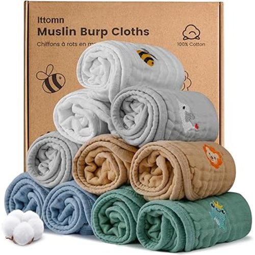 Muslin Burp Cloths 10 Pack,100% Cotton Baby Burping Clothes,Newborn Essential Must-Have Baby Registry,6 Layers Cotton Soft Washcloths,Multi-Colors Face Towels 20"x11"Large (Boys)