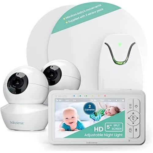 Babysense True Sleep Duo - HD Video & Movement Baby Monitor - HD Bundle Pack - HD Split Screen 5" Video Monitor with Two PTZ Cameras & Babysense 7 Under-The-Mattress Baby Movement Monitor - 2 in 1