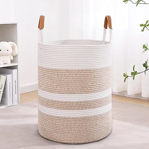Cesta de lavandería a rayas de 60 litros, cesta de lavandería marrón con asas de cuero, cubo de almacenamiento de cuerda de algodón tejido para mantas, cesta de guardería para ropa, juguetes