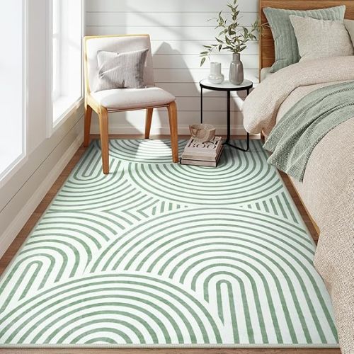 LIVEBOX Washable Green Area Rugs for Living Room 5x7, Non Slip Soft Boho Modern Striped Rugs Ultra-Thin, Geometric Accent Rugs for Bedroom, Dining Room (Green/Rainbow-1, 5'x7')