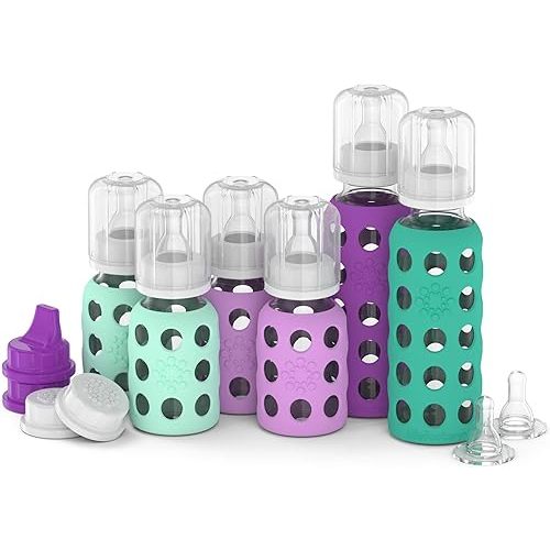 Lifefactory Baby 6 Bottle Starter Set in Mint/Lavender and in Kale/Grape Flat & Sippy Caps Stage 3 Nipples 16 Oz 12 Piece Set