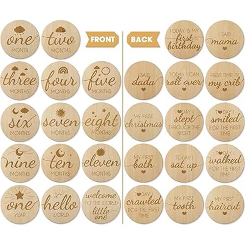 Baby Monthly Milestone Wooden Circles, Hello World Newborn Sign, Month Baby Milestone Signs for Newborn Photography Props, Set of 14 Baby Monthly Milestone Wood Discs Props for Baby Boy & Girl