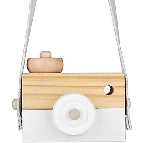 Wooden Mini Camera Toy, Hsxxf White Baby Kids Neck Hanging Photographed Props Camera Toy with Rope Cute Wood Camera Toys for Kid's Room Hanging Decoration (White), 3.5x1.4x2.9 Inch (Pack of 1)