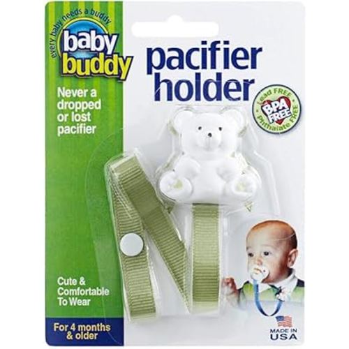 Baby Buddy Pacifier Clip Holder, Newborn Essential with Universal Fit for all Binky and Teether Brands, Ages 4+ Months, Sage, 1 Pack