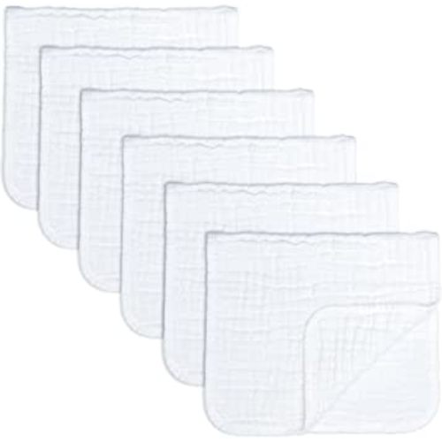 Muslin Burp ClothsLarge 100% Cotton Hand Washcloths 6 Layers Extra Absorbent and Soft by Comfy Cubs (White, 6-Pack, 20" X10" )