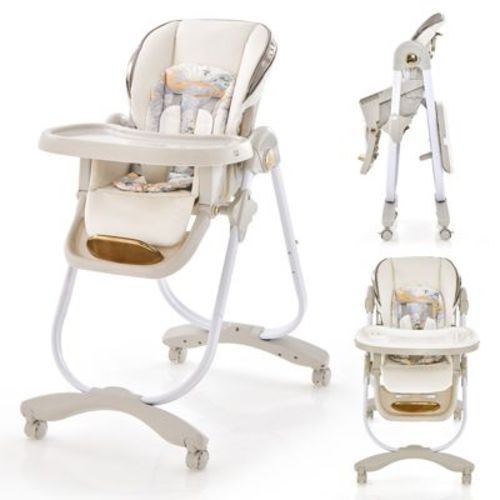 Infans Foldable Baby High Chair, Adjustable Heights, Recline Backrest & Footrest, Double-layer Tray & Cushion, Portable Highchair With Wheels, Gray