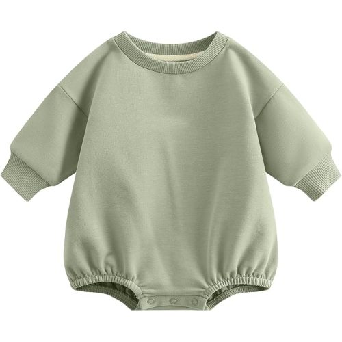 Baby Boy Girl Sweatshirt Romper Organic Cotton Solid Color Long Sleeve Bubble Romper Oversized Warm Fall Winter
