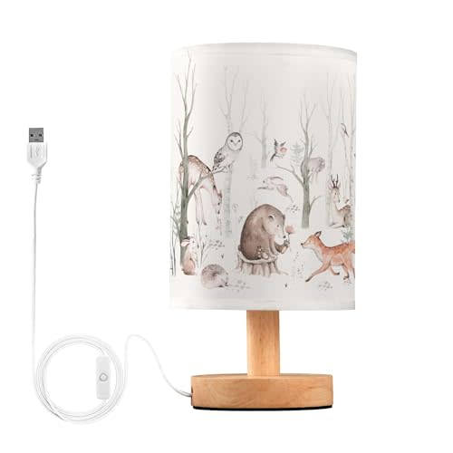 YYZZH Woodland Animal Table Lamp with Wood Base and Fabric Shade for Bedside, Desk, Living Room, Bedroom, Kids Room, Office