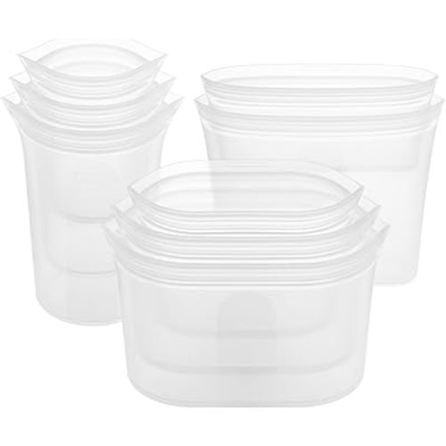 Zip Top Reusable Food Storage Containers Full Set of 8 Frost – Platinum Silicone Cups, Dishes & Bags – Microwave, Dishwasher & Freezer Safe – Made in USA, BPA-Free