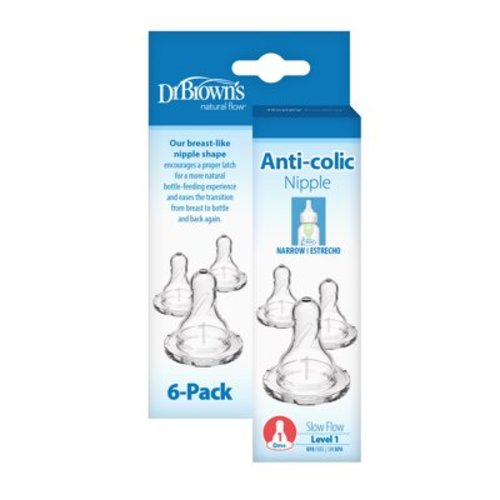 Dr. Brown's Natural Flow Level 1, Narrow Baby Bottle Nipple, Slow Flow, 0m+, 100% Silicone, 6 Pack
