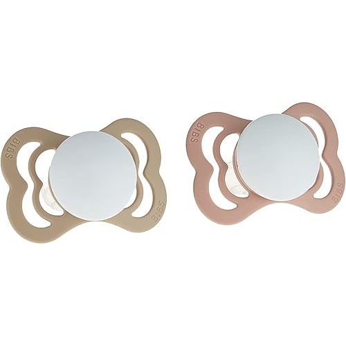 BIBS Supreme Baby Pacifier 2-Pack | Made in Denmark | BPA Free Dummy Soother, Symmetrical Nipple. Silicone, Size 1 (0-6 Months), Blush Glow/Vanilla Glow
