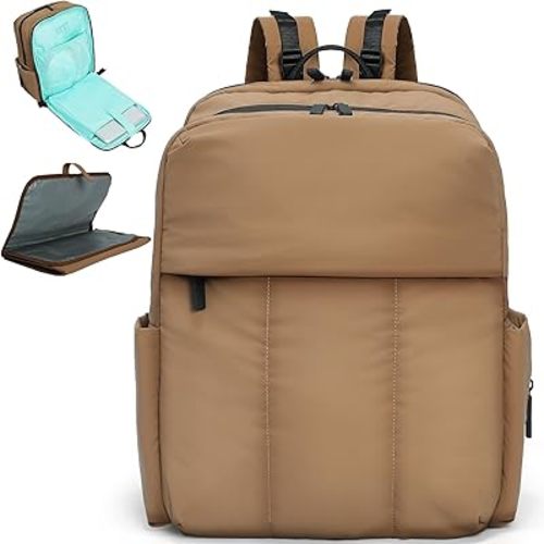 MOMINSIDE Diaper Bag Backpack - Large Puffer Diaper Bag - Neoprene Diaper Bag Quilted Baby Bag for Boys Girls, Large Changing Pad, Stroller Straps, 15 Pockets, Lightweight, Brown
