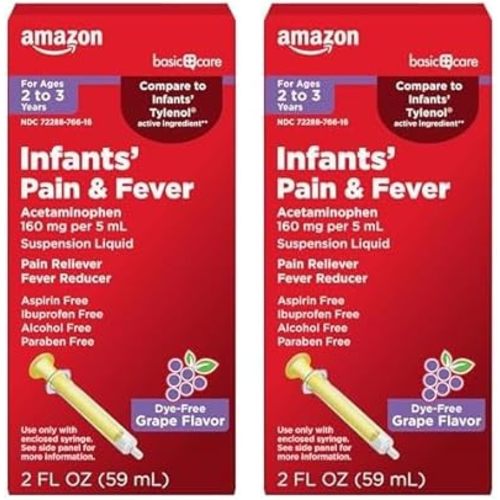 Amazon Basic Care Infants' Pain & Fever, Acetaminophen 160 mg per 5 mL, Suspension Liquid, Dye-Free Grape Flavor, 2 fl oz (Pack of 2)