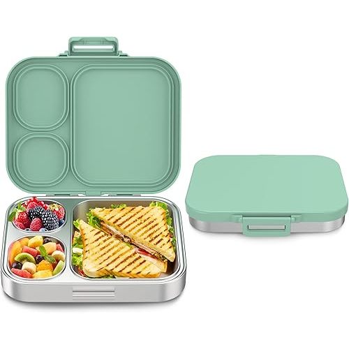 Stainless Steel Bento Box Kids, Leak Proof Metal Bento Lunch Box,3 Compartments 304 Stainless Steel Bento Lunch Containers for School and Office,Dishwasher Safe, BPA-Free(Green)