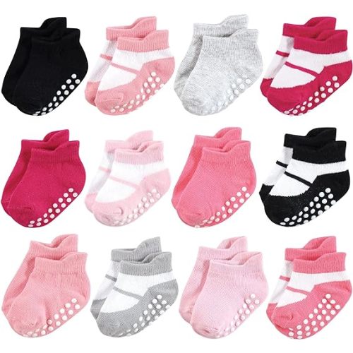 Hudson Baby Unisex Baby Non-Skid No-Show Socks - 0-6 Months - Pink Black