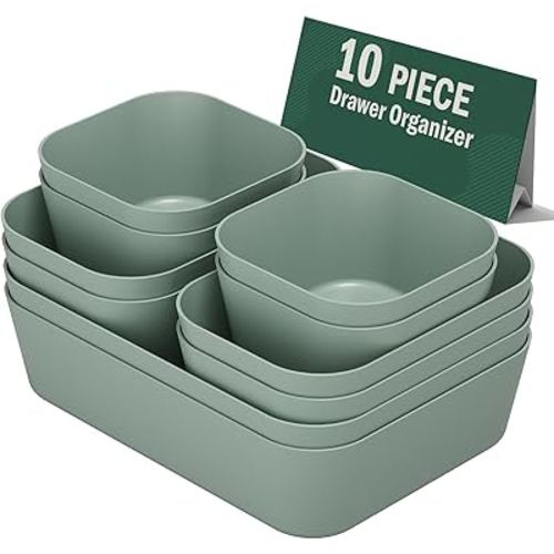Plastic Drawer Organizers, 10 PCS Drawer Organizer Bins, Bathroom and Vanity Organizer Plastic Tray, Makeup organizer and storage for Makeup, Bedroom, Kitchen Gadgets Utensils and Office (Green)
