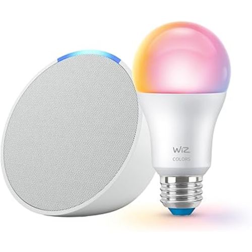 Echo Pop (newest model) with WiZ 60W A19 LED Smart Color Bulb - Connects to Your Wi-Fi - E26 Base - Control with Voice or App - Matter Compatible
