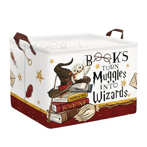 Clastyle Magic Nursery Decor Baby Basket Large Brown Feather Wand Hat Basket Broomstick Owl Kid Gift Book Shelf Basket Collapsible Clothes Basket Rectangle Toy Bin