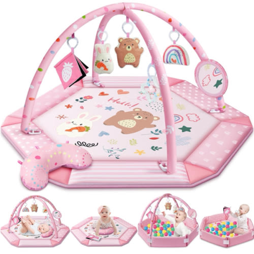 Baby Gym Play Mat, 8-in-1 Tummy Time Mat & Ball Pit with 6 Toys, Washable Baby Activity Mat for Visual, Hearing, Sensory, Motor Development, Babies Gift for Newborn Infant 0-3-6-9-12 Months (Pink)