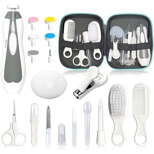 Baby Grooming Kit - 19 in 1 Nursery Essentials Baby Registry Shower Gift for Newborns, Infants, Toddlers, Boys, Girls Kids-Safety Baby Comb, Brush, Finger Toothbrush, Nail Clippers, Scissors(Grey White)