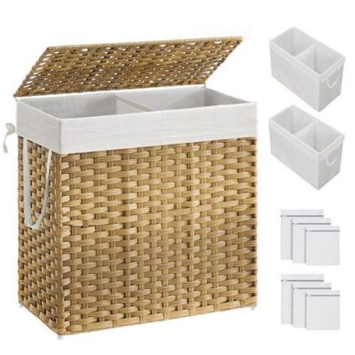 SONGMICS 130L Laundry Hamper with Lid Clothes Hamper with 2 Removable Liner Bags & 6 Mesh Bags Natural