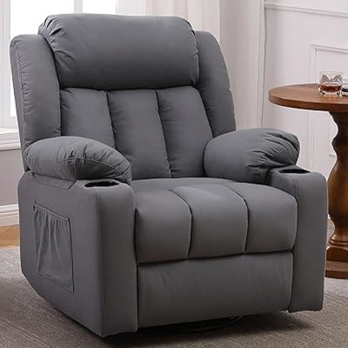 Rocker Swivel Recliner Chair for Adults, Overstuffed Large Manual Recliner Glider with Massage and Heat, Comfy Soft Fabric Living Room Reclining Sofa Chair(Technical Grey)
