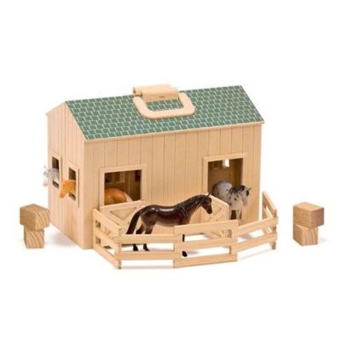 Melissa & Doug Fold And Go Wooden Horse Stable Dollhouse With Handle And Toy Horses (11 Pc)