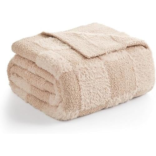 Snuggle Sac Checkered Throw Blanket Faux Fur Microfiber Blankets for Couch,Cozy Soft Warm Blanket for Sofa Bedroom Living Room,Solid Beige,50x60 inches
